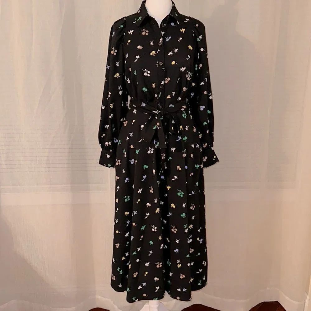 Ann Taylor 2 Black Floral Collared Long Puff Sleeve A-Line Midi Shirt Dress
